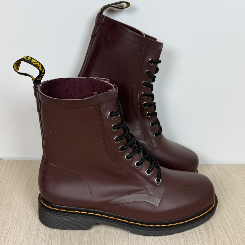 Rain Boots Dr. Martens Drench Women 9 Burgundy Rubber Waterproof Combat 8-Eye